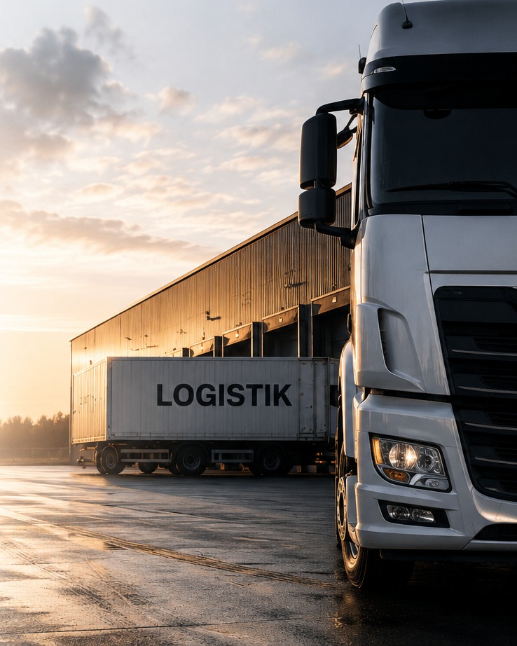 LKW auf einem Logistikgelände vor einer Lagerhalle