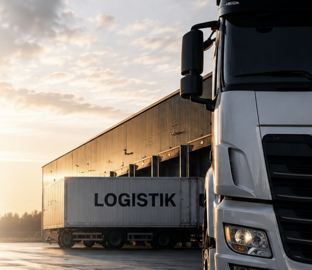 LKW auf einem Logistikgelände vor einer Lagerhalle